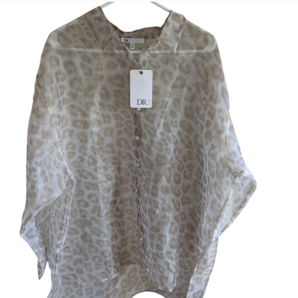 DR2 Beige Sheer Leopard-Print Button Front Blouse